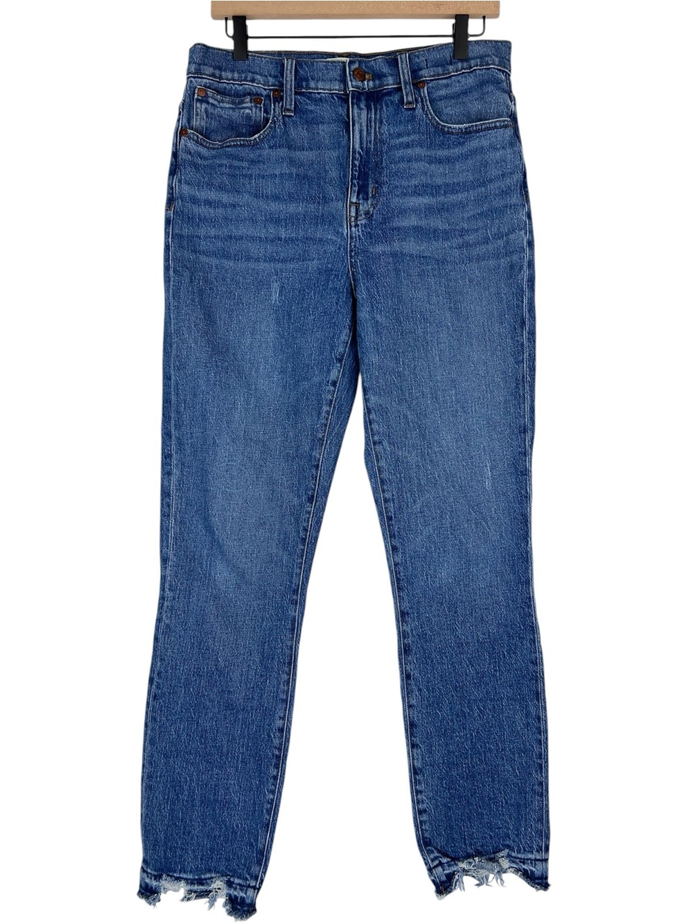 Madewell High-Rise Slim Boyjean Sz 28 Tall Ankle Dark Blue Raw Hem